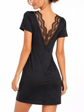 Whimsigoth Crochet Lace Open Back V-Neck Mini Dress Black XL